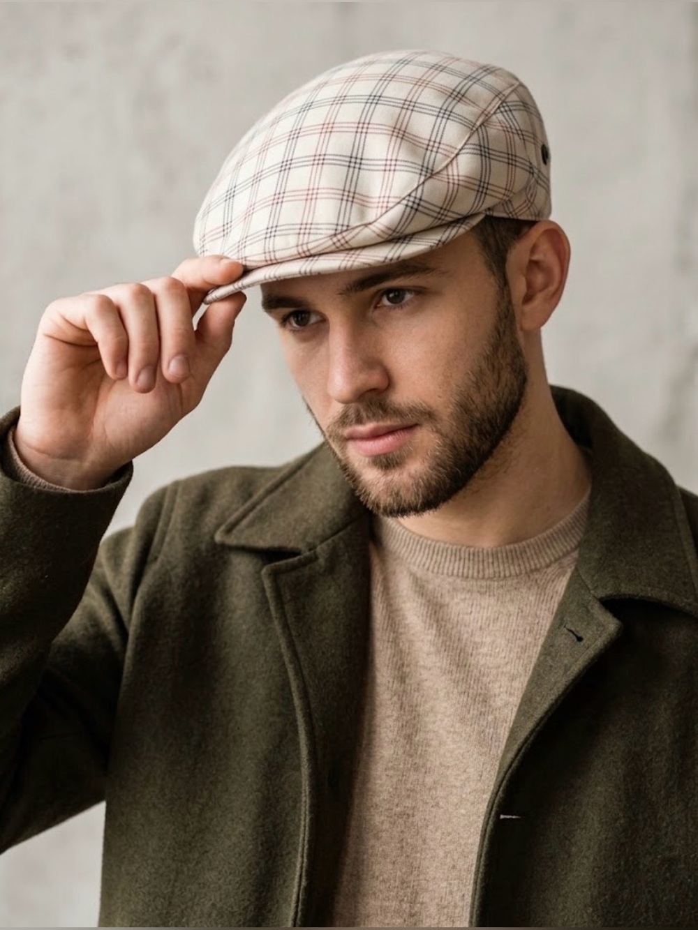 Barneys New York Italian Cotton Plaid Flat Cap Newsboy Driving Hat Beige Navy: M